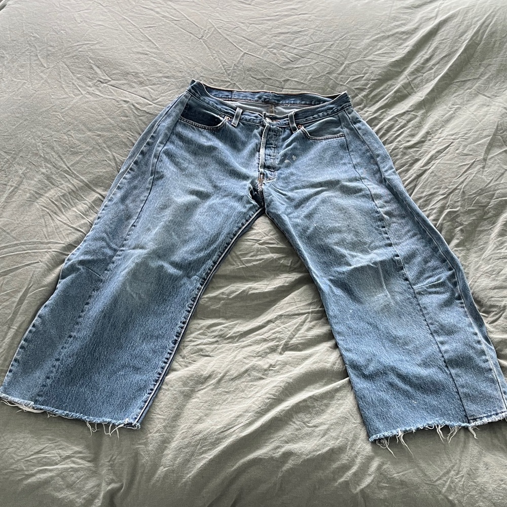 B SIDES Light Blue Wide-Leg Raw Hem Jeans